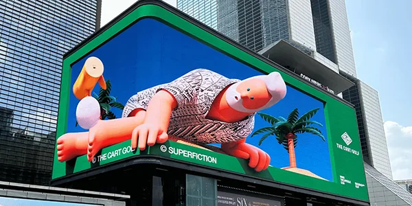 Large outdoor corner LED billboard with a three-dimensional visual