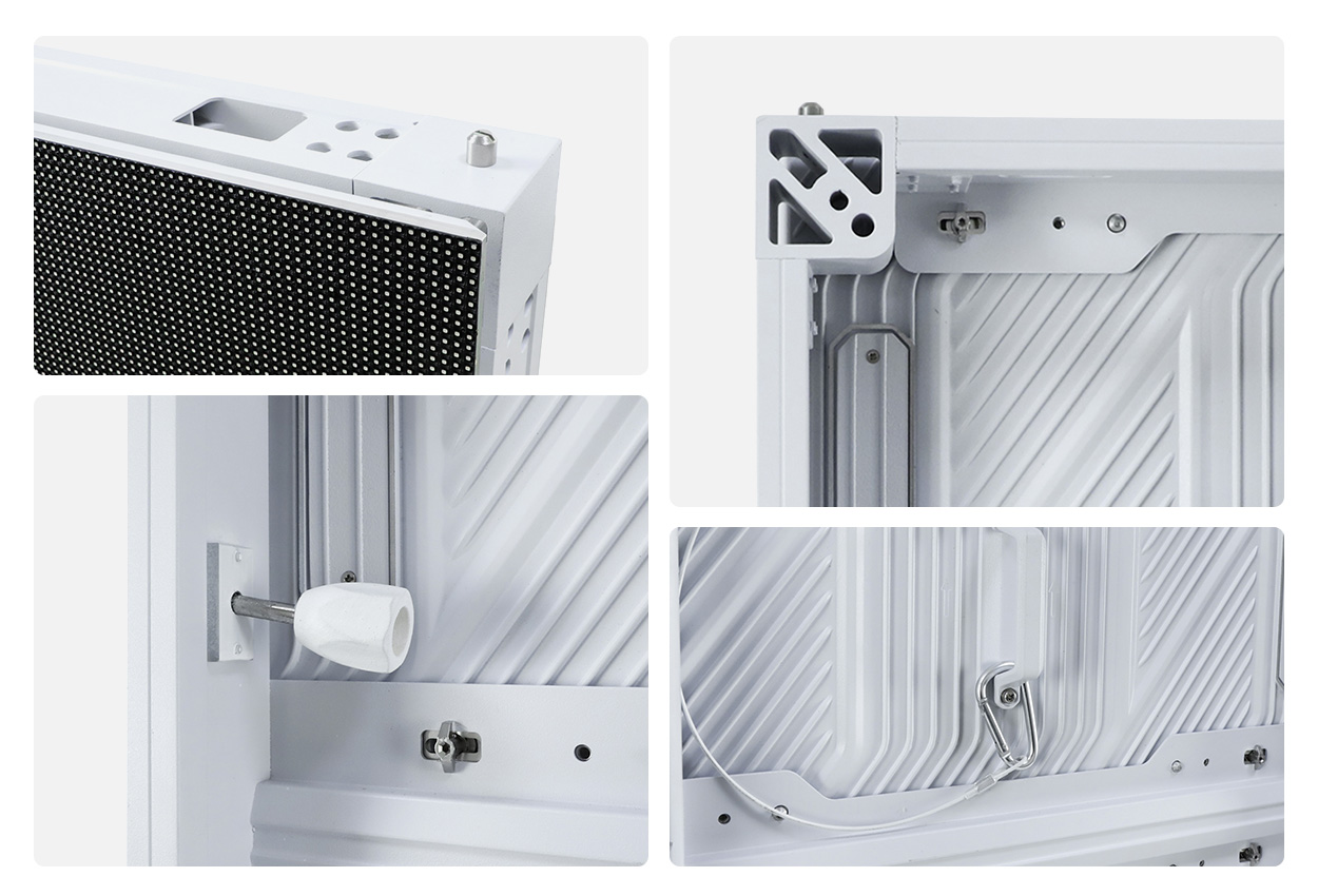 EA1000F2 aluminum LED cabinet with quick locks positioning posts and safety tethers