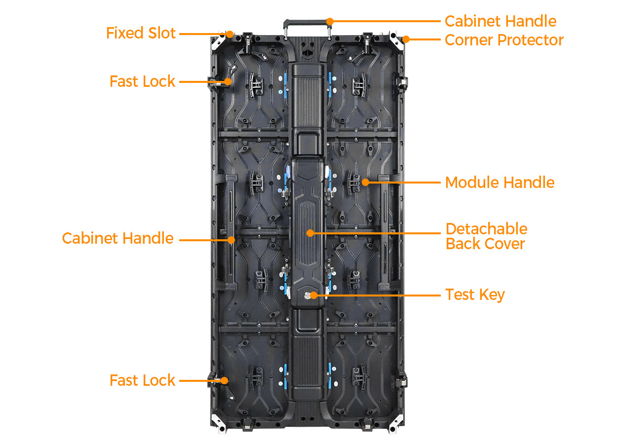 EA1000H8 rear cabinet with labeled handles, locks and detachable back cover