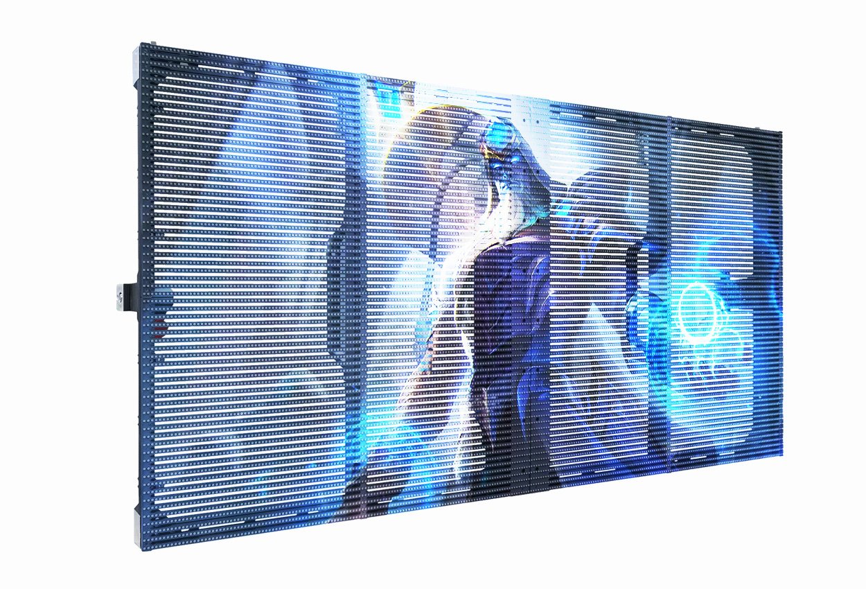 Front view of the EA1000TOR1 transparent LED cabinet displaying an image