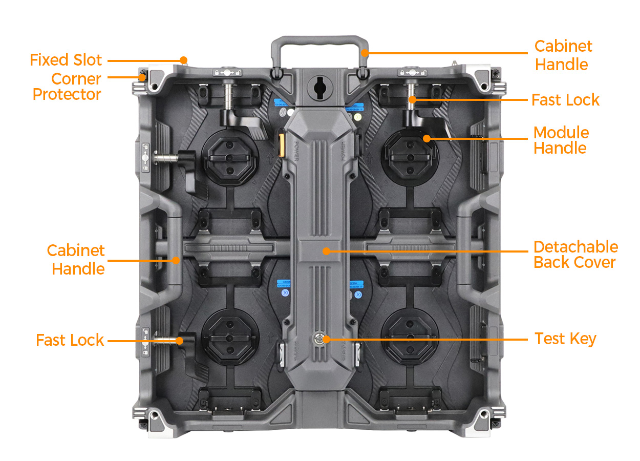 EA500H9 rear cabinet with labels identifying handles, locks and detachable cover