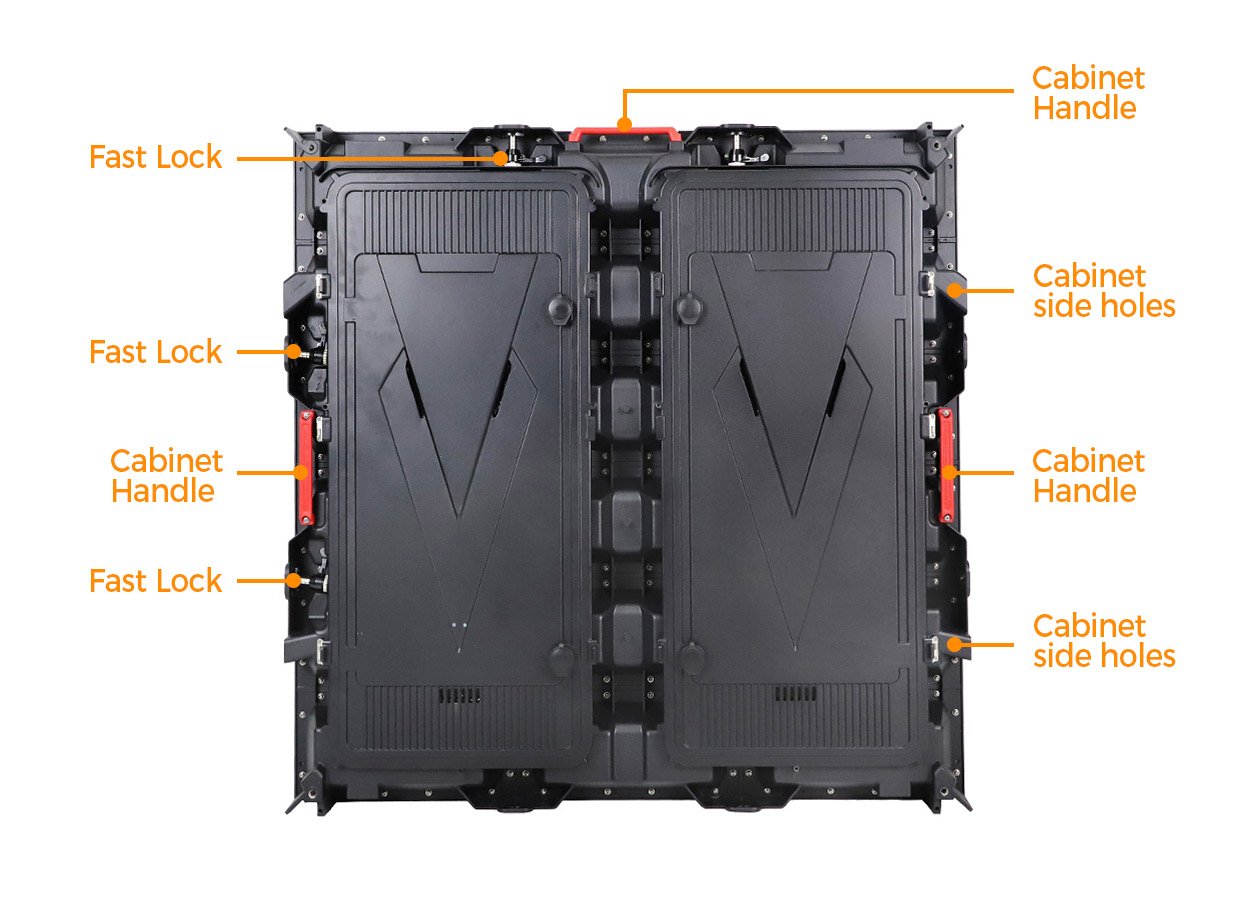 EA960R4 rear cabinet with labeled handles quick locks and side cable holes