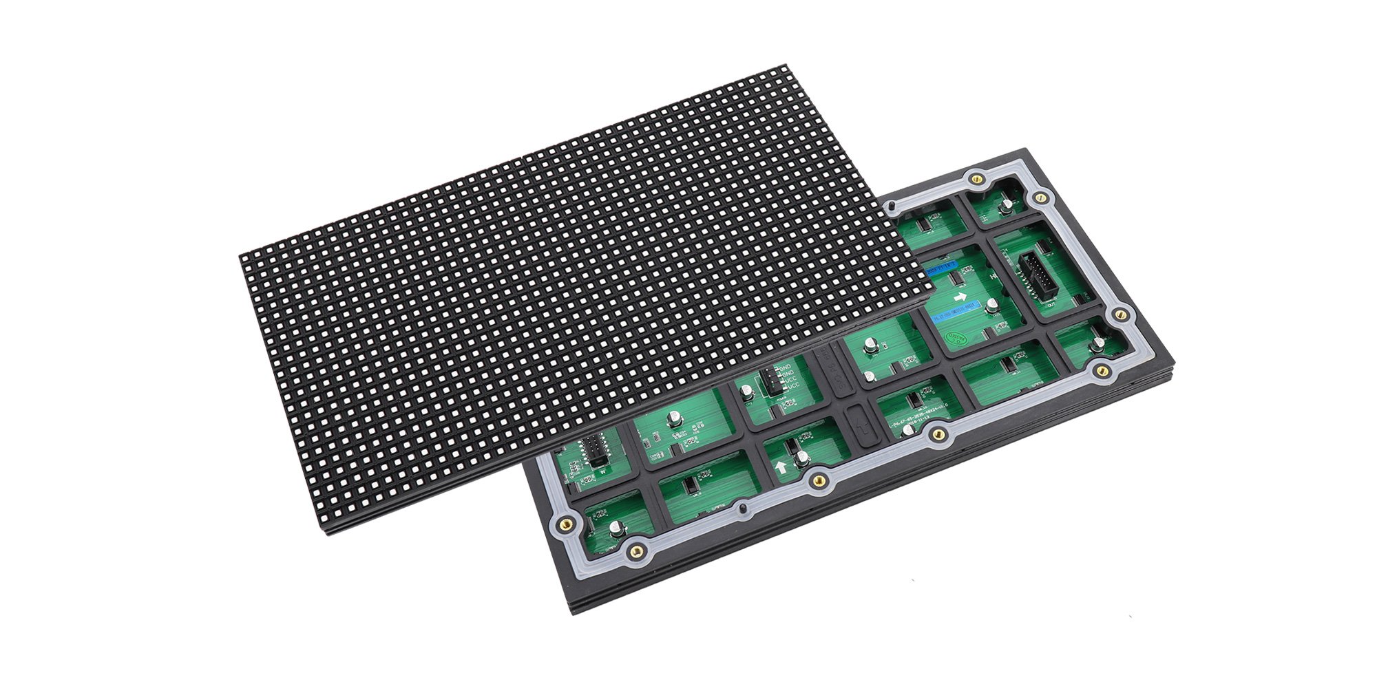 Outdoor LED module with its front mask and rear gasket visible